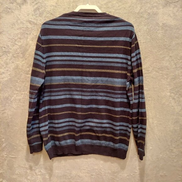 Claiborne Sweater Mens Large Blue Striped V-Neck Pullover career retro hipster - Picture 2 of 13
